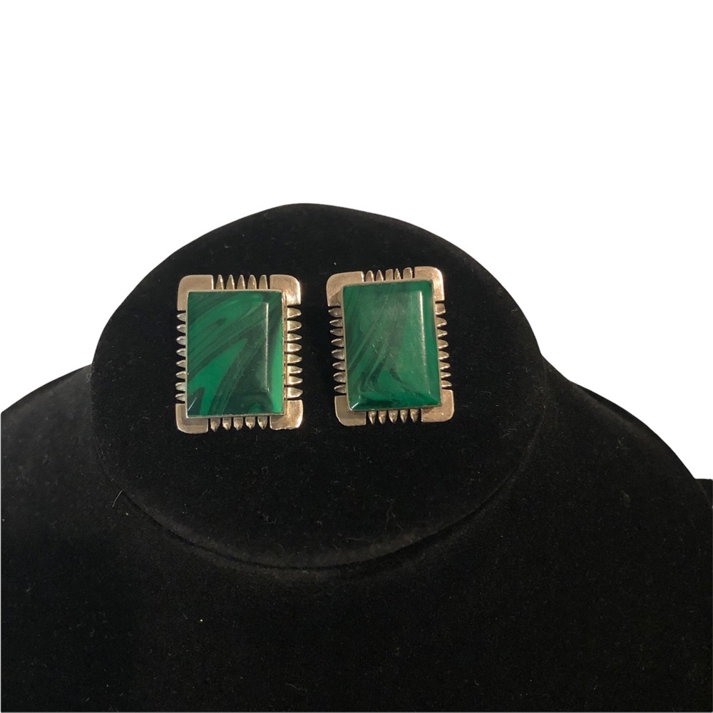 Vintage Sterling Silver and Malachite stone clip on earrings